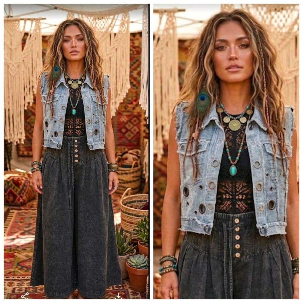 Oli & Hali Light Blue Distressed Grommet Denim Vest